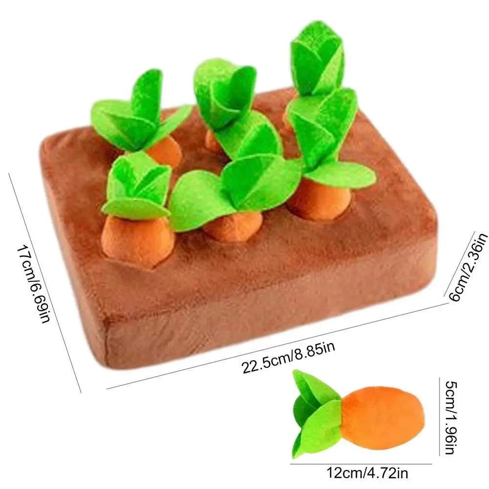 Carrot plush dog toy with snuffle mat for interactive play and intelligence training.