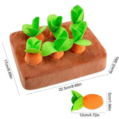 Carrot plush dog toy with snuffle mat for interactive play and intelligence training.