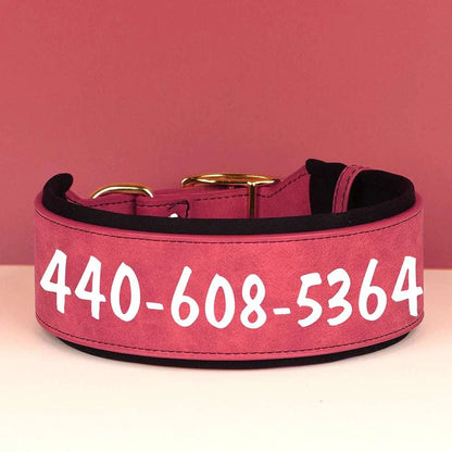 Customised wide dog collar in soft pink PU leather with printed contact number; perfect for medium to large dogs.