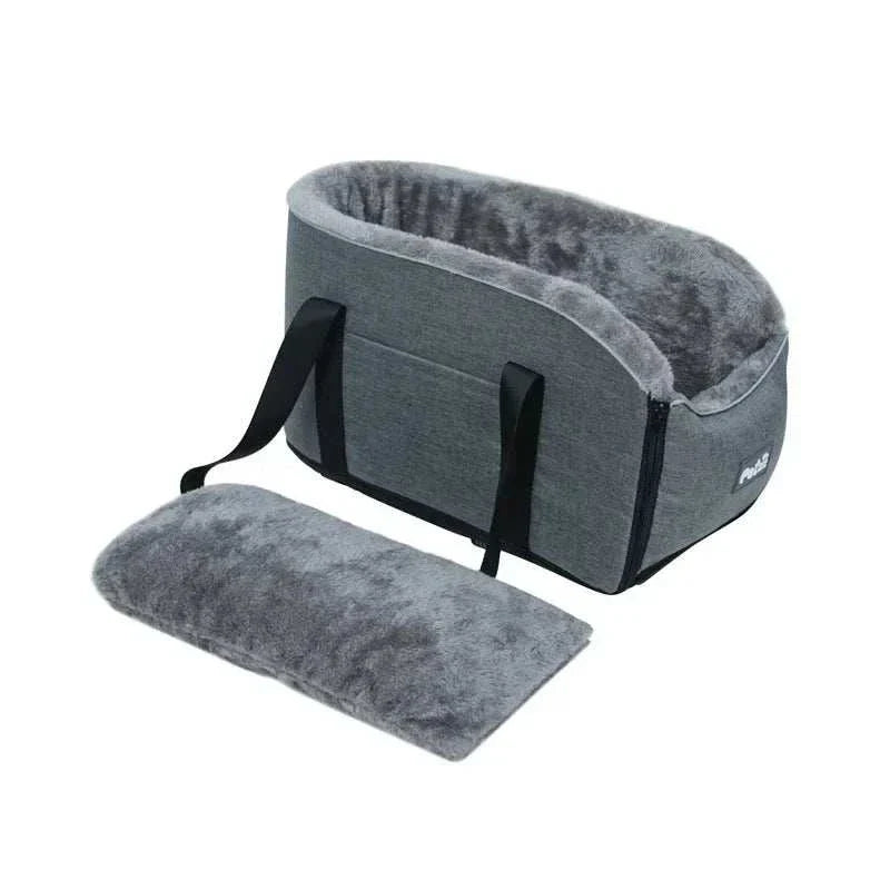 Pet Secure Portable Car Safety Pet Seat in grey, ideal for small dogs and cats, made of cotton linen and suede, size 45x22x25CM.