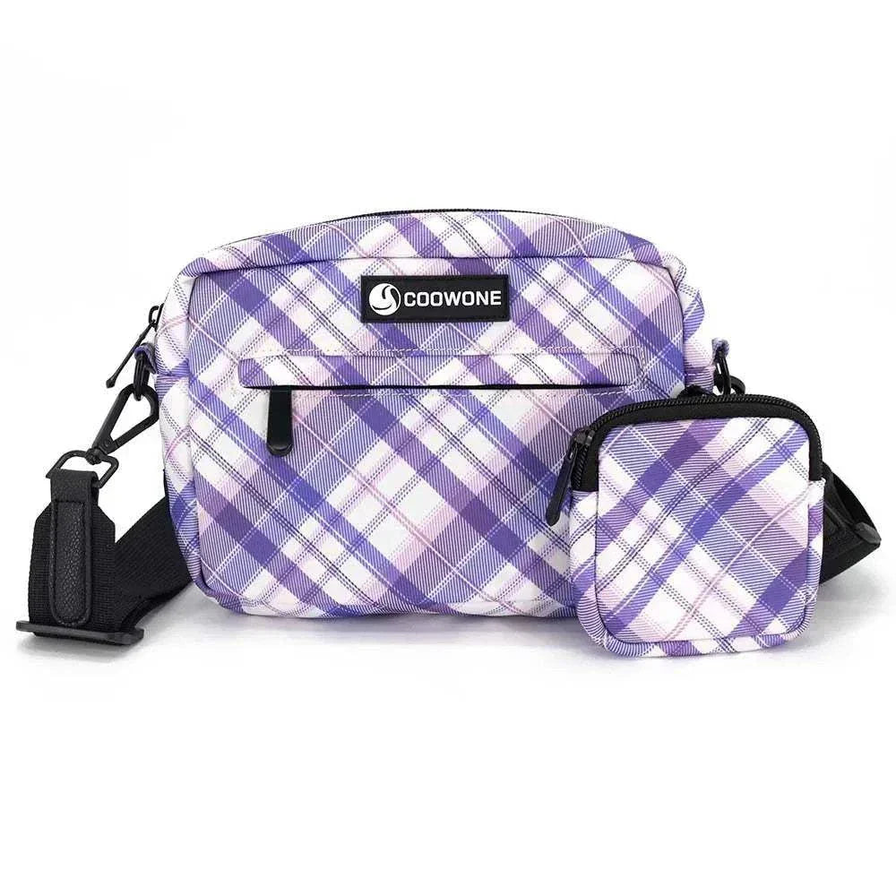 Plaid waterproof dog training treat pouch with crossbody strap and built-in poop bag dispenser.