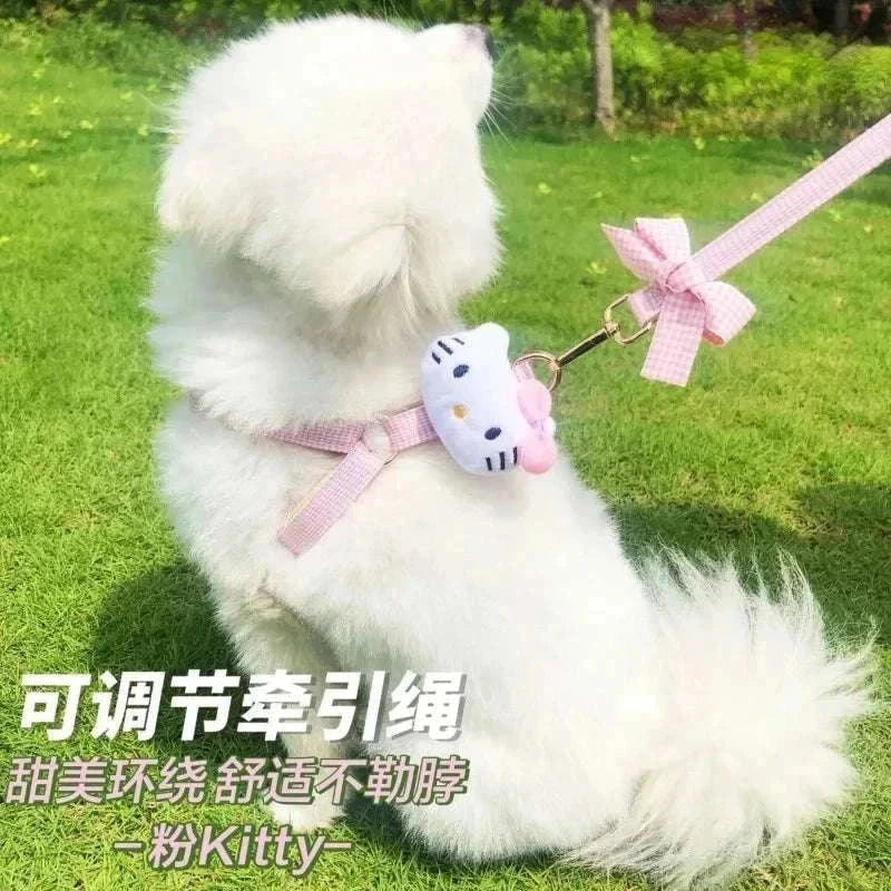 Hello Kitty pet leash on fluffy dog in park setting.