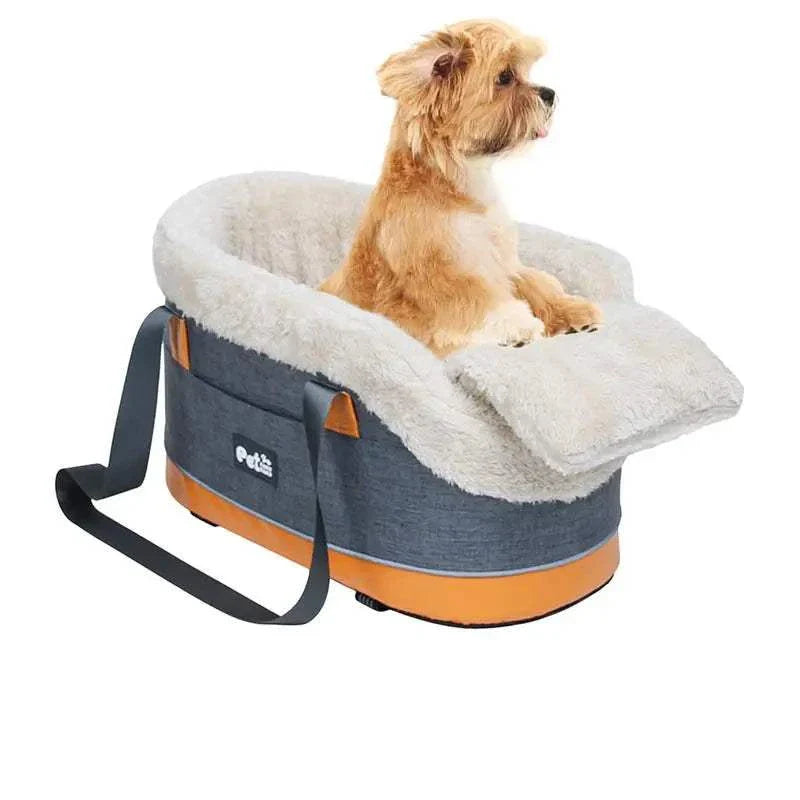 Center console car seat travel bag for pets, featuring a dog seated comfortably with strap for secure travel. Ideal for small pets under 5kg.