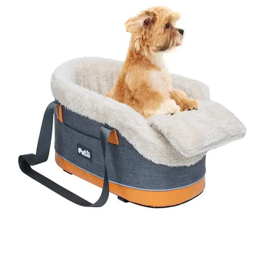 Center console car seat travel bag for pets, featuring a dog seated comfortably with strap for secure travel. Ideal for small pets under 5kg.