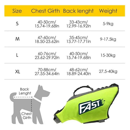 Reflective green dog safety swim vest with adjustable straps and grab handle for enhanced visibility and buoyancy.