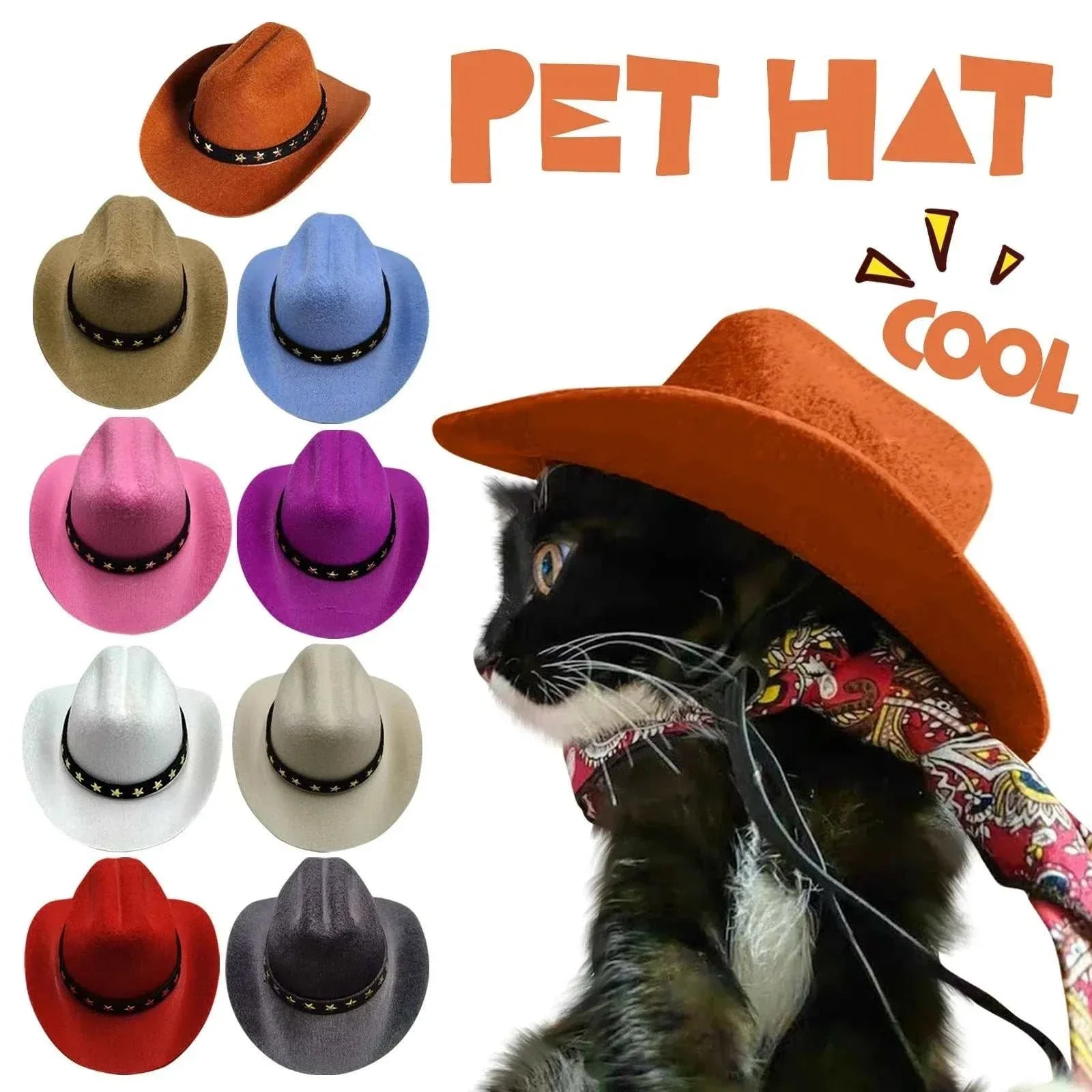 Cowboy hat cosplay for cats and small dogs in various colors.