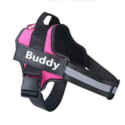 No-pull reflective dog harness with adjustable straps and customizable ID patch.