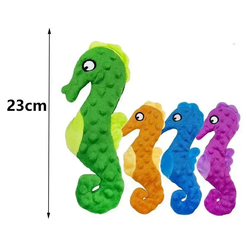 Vibrant seahorse-shaped no stuffing squeaky crinkle dog toys in assorted colors.