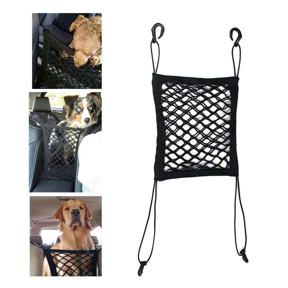 Black pet front seat isolation net made of durable oxford cloth with mesh viewing window for safe car trips.