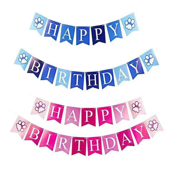 Colorful "Happy Birthday" banners with paw prints for pet celebrations.