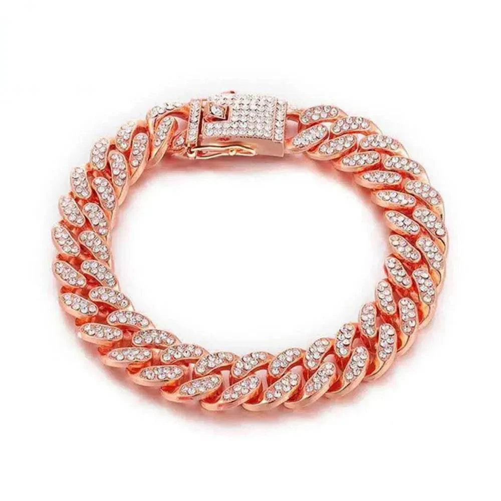 Luxury dog collar embellished with sparkling rhinestones on a high-quality metal chain.