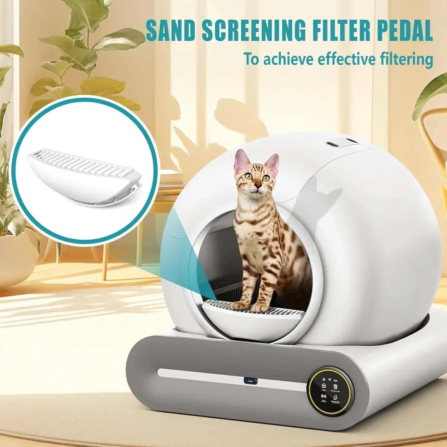 Tonepie Smart Cats Litter Box replacement sand screening filter pedal for effective filtering with cat inside white automatic litter box