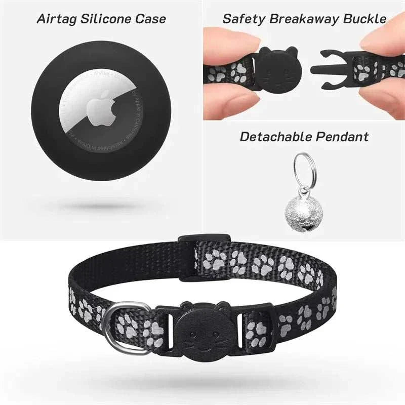 Black adjustable breakaway cat collar with paw prints, bell, and built-in Airtag holder