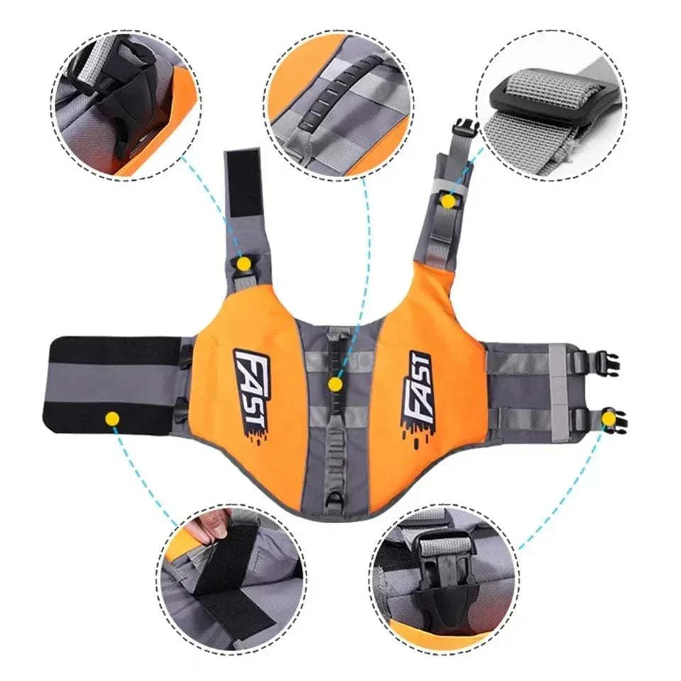 Reflective orange dog safety swim vest with adjustable straps, buoyant material, grab handle, and reflective strips for high visibility.