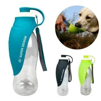 Portable dog water bottle with drinking bowl for small, medium, big dogs; ideal for outdoor travel and pet hydration.