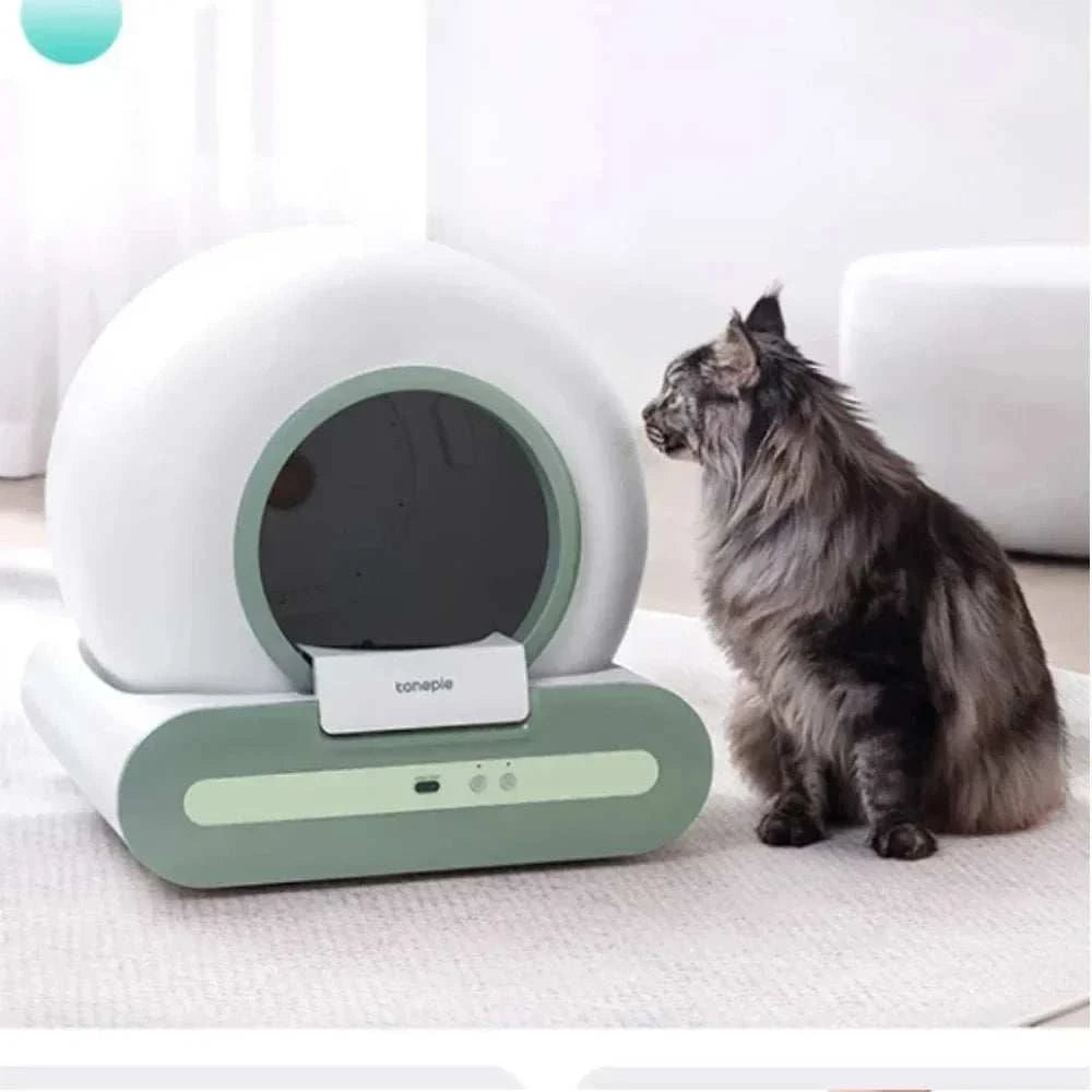 TONEPIE 2.0 Automatic Smart Cat Litter Box with cat, self-cleaning, Australian plug model.