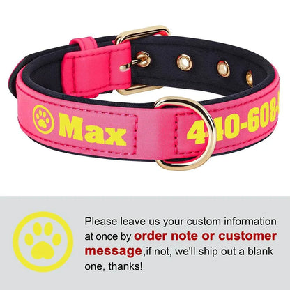 Customised soft padded PU leather dog collar in pink with name and phone number.