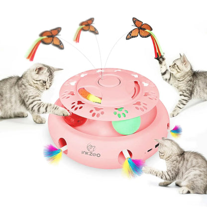 Interactive cat toy with fluttering butterflies, track balls, and USB charging for playful kittens.