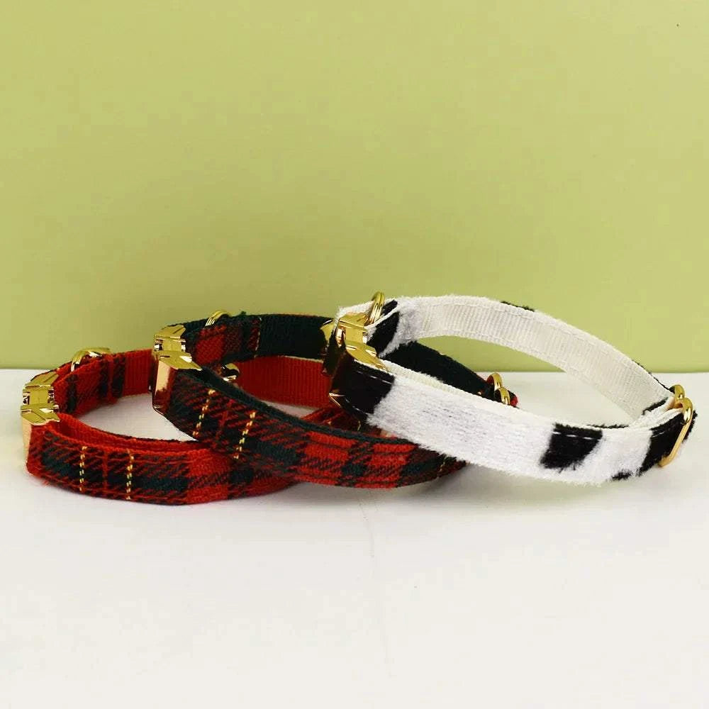 Personalised cat collars in plaid and white designs with adjustable sizing and optional bow.