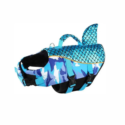 Blue shark fin dog life jacket swim vest with adjustable straps and reflective detail