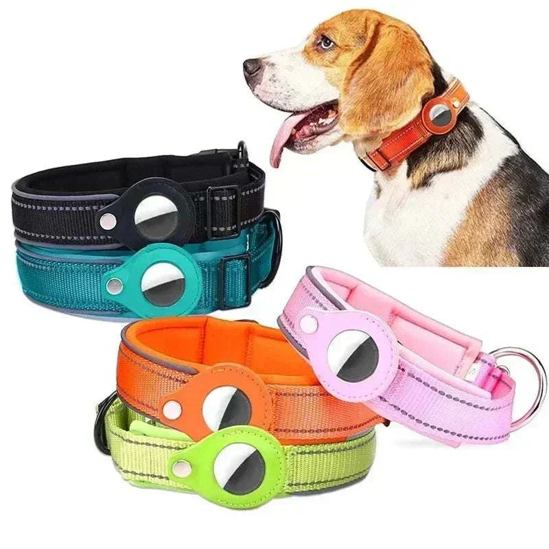 Air-Tag Reflective Collar for Dogs with secure AirTag holder and waterproof, adjustable design in multiple colors