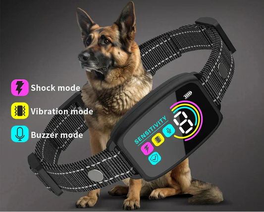 Automatic Anti-Bark Dog Training Collar with shock, vibration, and buzzer modes, adjustable sensitivity, and waterproof design shown with a German Shepherd dog.