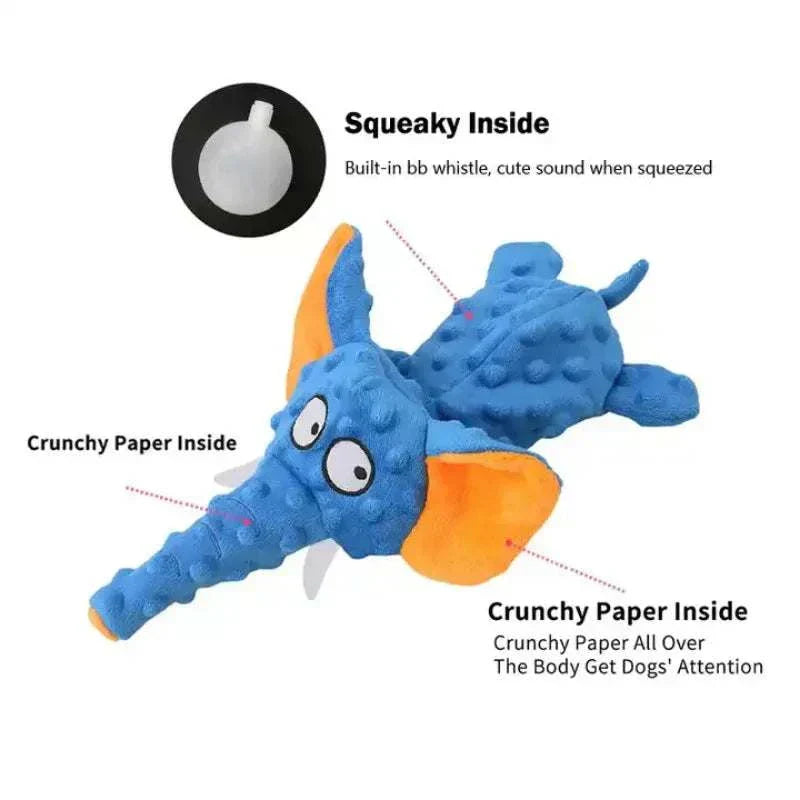 Blue elephant-shaped no stuffing dog toy with squeaker and crinkle paper, designed for durability and interactive play.