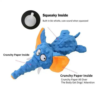 Blue elephant-shaped no stuffing dog toy with squeaker and crinkle paper, designed for durability and interactive play.