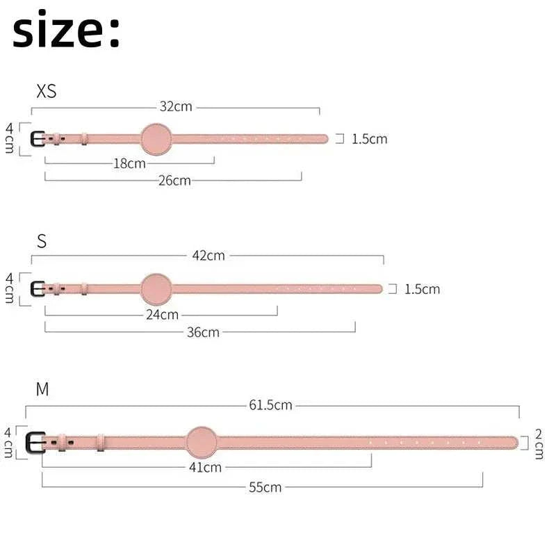 Size chart for adjustable personalised leather pet collars for AirTag, available in XS, S, and M.