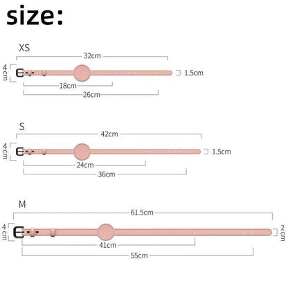 Size chart for adjustable personalised leather pet collars for AirTag, available in XS, S, and M.