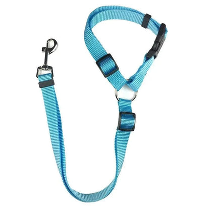 Adjustable blue single dog seat belt for car headrest safety.