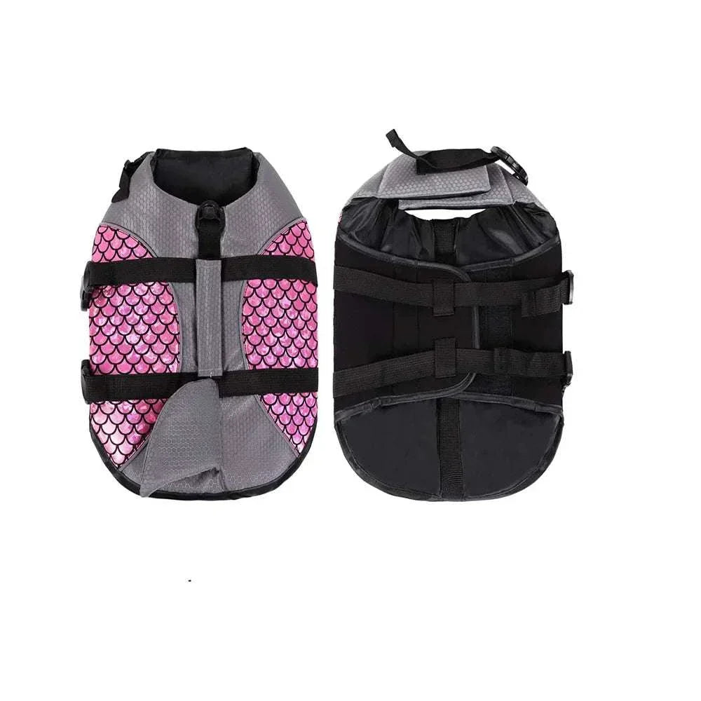 Pink shark dog life jacket swim vest with adjustable straps and buoyant foam core for pet water safety