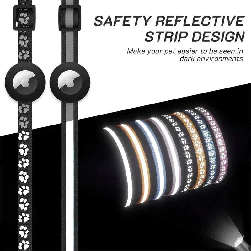 Breakaway cat collar with adjustable fit, reflective strip, built-in Airtag holder, and bell for pet safety and visibility