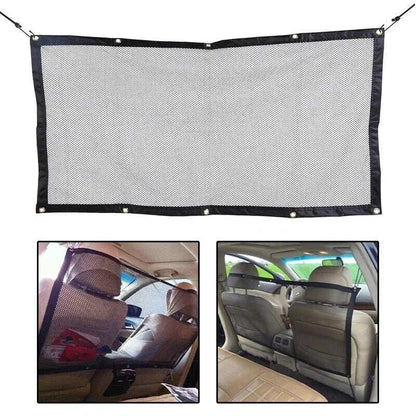 Durable pet back seat mesh barrier for car safety.