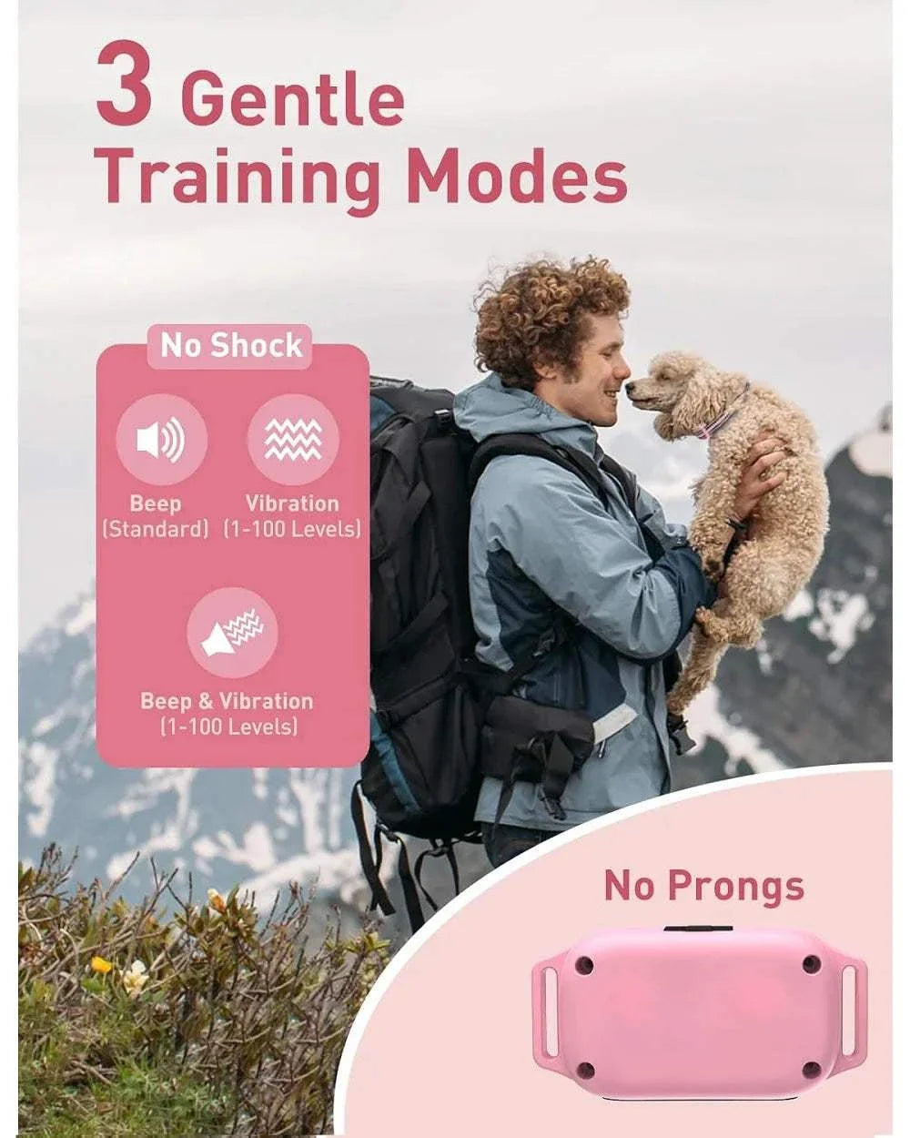 No Shock Dog Training Collar with beep and vibration modes for gentle training, no prongs design.