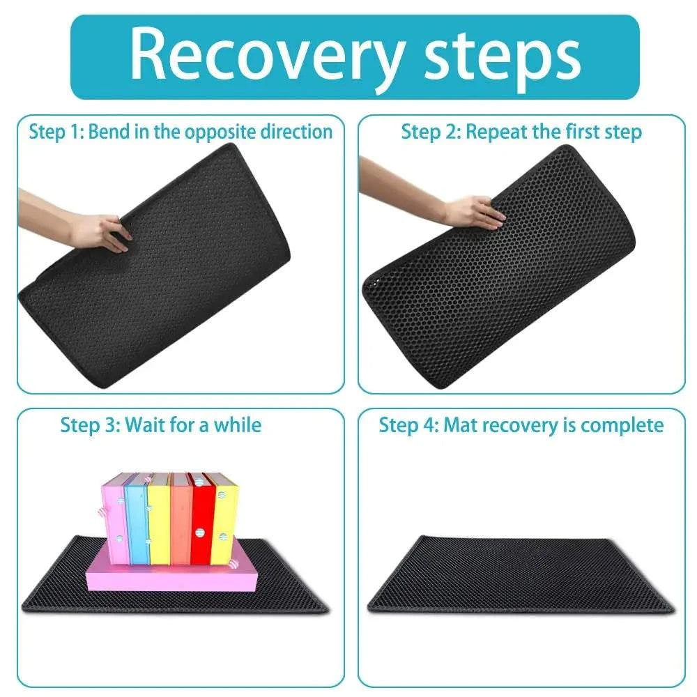 Cat litter mat demonstrating recovery steps with honeycomb design.