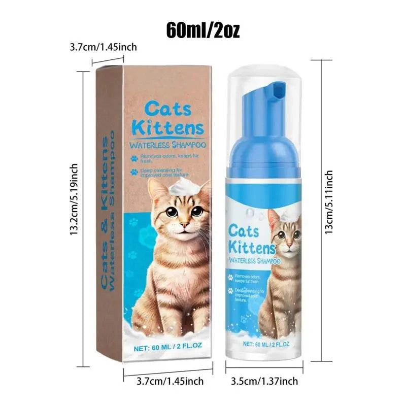 Dry shampoo for cats and kittens, waterless and all-natural formula, 60ml bottle.