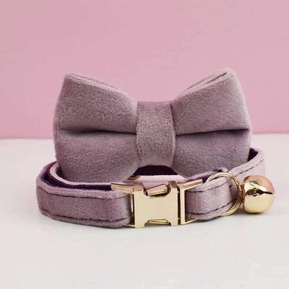 Luxury velvet cat collar with bow tie and bell, personalized with a name plate and adjustable fit