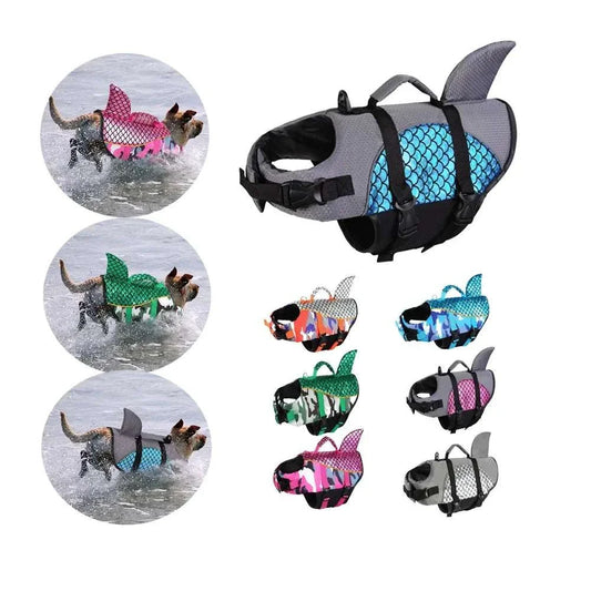 Shark dog life jacket swim vest with buoyant foam, adjustable straps, reflective safety, and shark fin design in multiple colors for small to large dogs.
