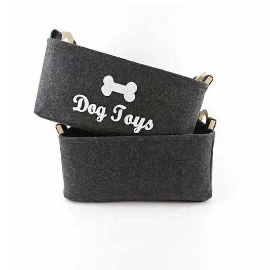Pet Toy Storage Basket for Dogs and Cats in dark gray felt with "Dog Toys" text and bone design.