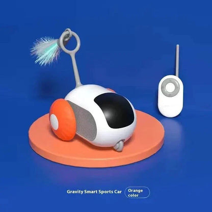 Interactive cat toy with USB rechargeable remote control sports car in orange, featuring a mice teaser and cat stick.