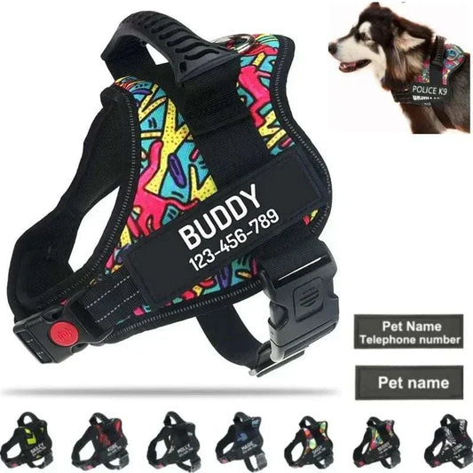 Personalised no-pull reflective dog harness with vibrant patterns and ID patch.