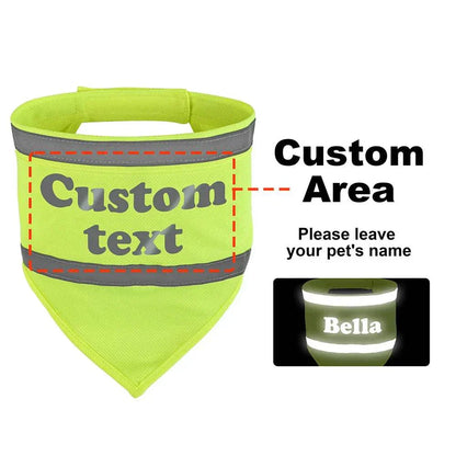 Personalised reflective dog safety bandana made of soft cotton with custom name print for visibility and comfort