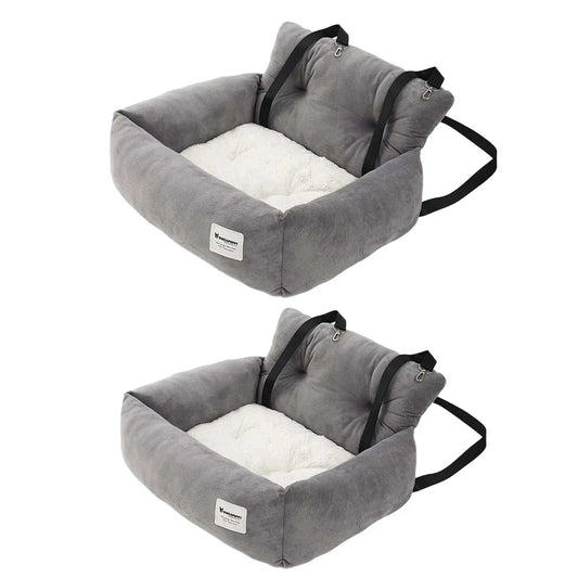 Rear car seat with restraint for dogs, cozy and secure design with non-slip bottom and adjustable straps, suitable for various vehicles.