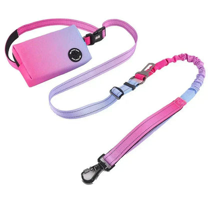 Reflective dog bungee leash with adjustable waist bag and poop dispenser in pink and purple gradient