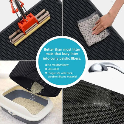 Cat litter mat with double layer honeycomb design, waterproof and urine proof, preventing messes and tracking.