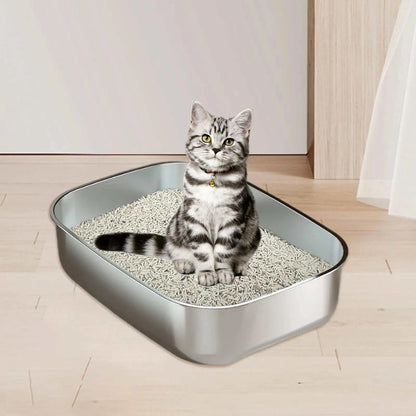 Stainless steel cat litter box with splashproof design.