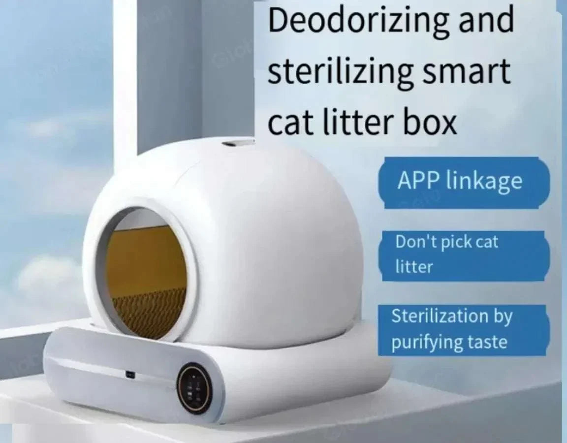 Self-cleaning smart cat litter box with ionic deodorizer and app control.