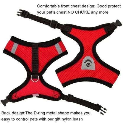 Adjustable red harness for cats or small dogs with soft breathable design and reflective safety.