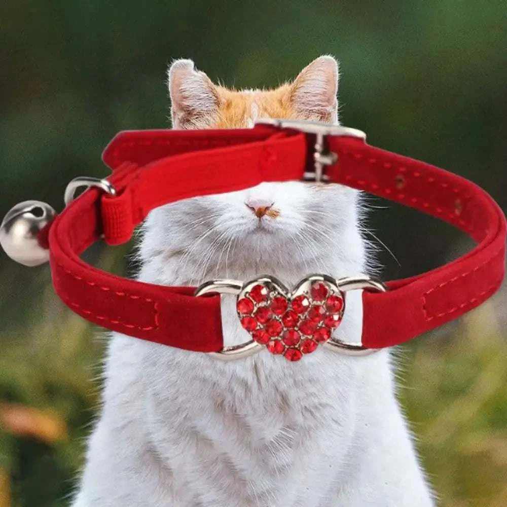 Red safety diamond heart bell adjustable cat collar by Pretty Kitty's, shown on a cat.